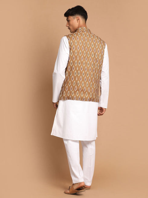 Vastramay Men's Multicolour-Base-Green Cotton Nehru Jacket  With White Cotton Pant
